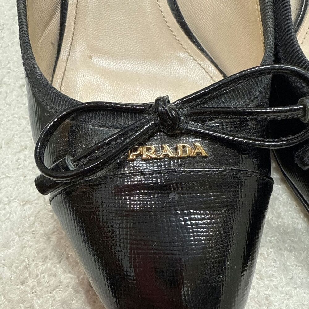 PRADA SAFFIANO Leather Logo Bow Tie Wedges - Picture 3 of 8